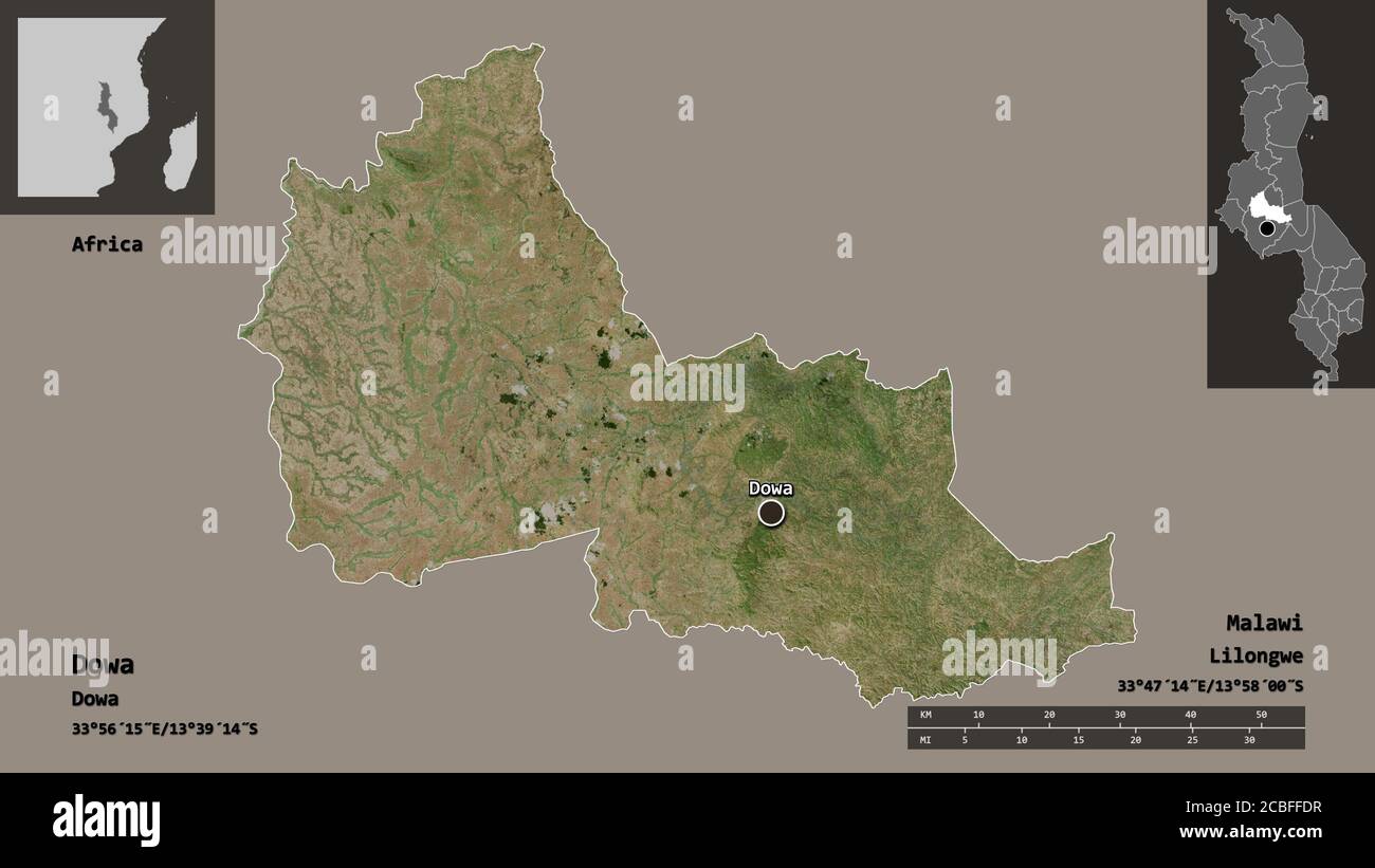 Shape of Dowa, district of Malawi, and its capital. Distance scale