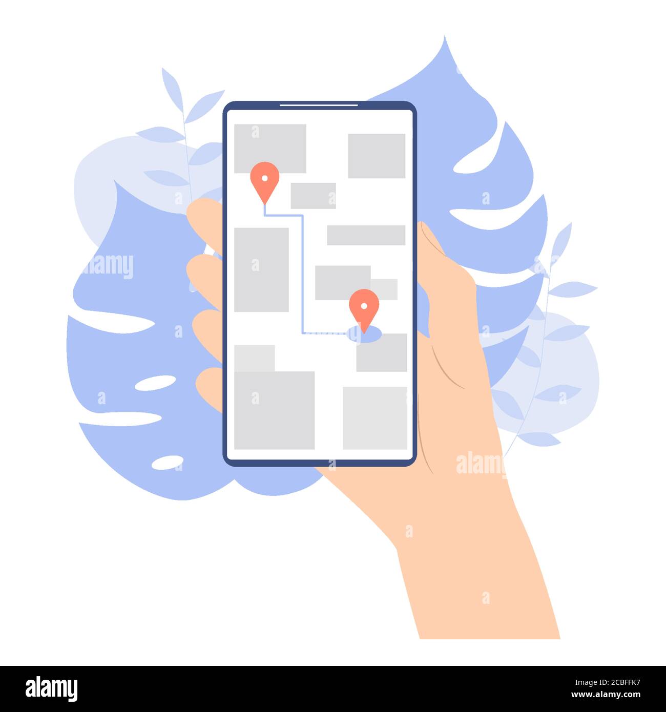 Hand holding phone with road and pointer navigation on map to