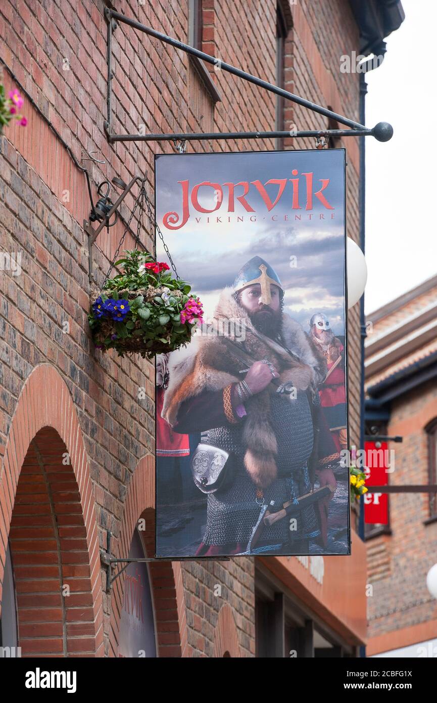 Sign outside the entrance to the Jorvik Viking Centre in the city of York, Yorkshire, England. Stock Photo