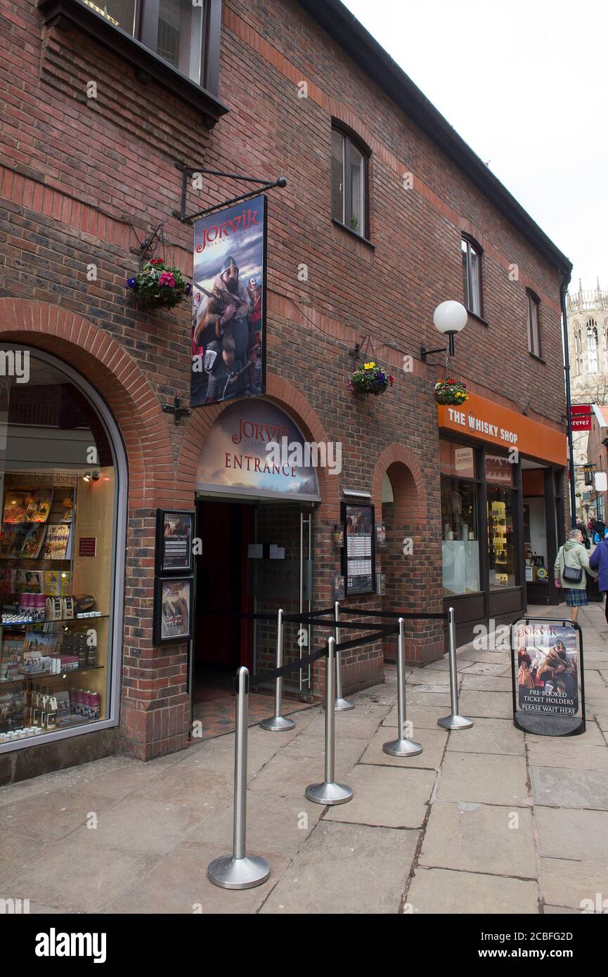 Sign outside the entrance to the Jorvik Viking Centre in the city of York, Yorkshire, England. Stock Photo