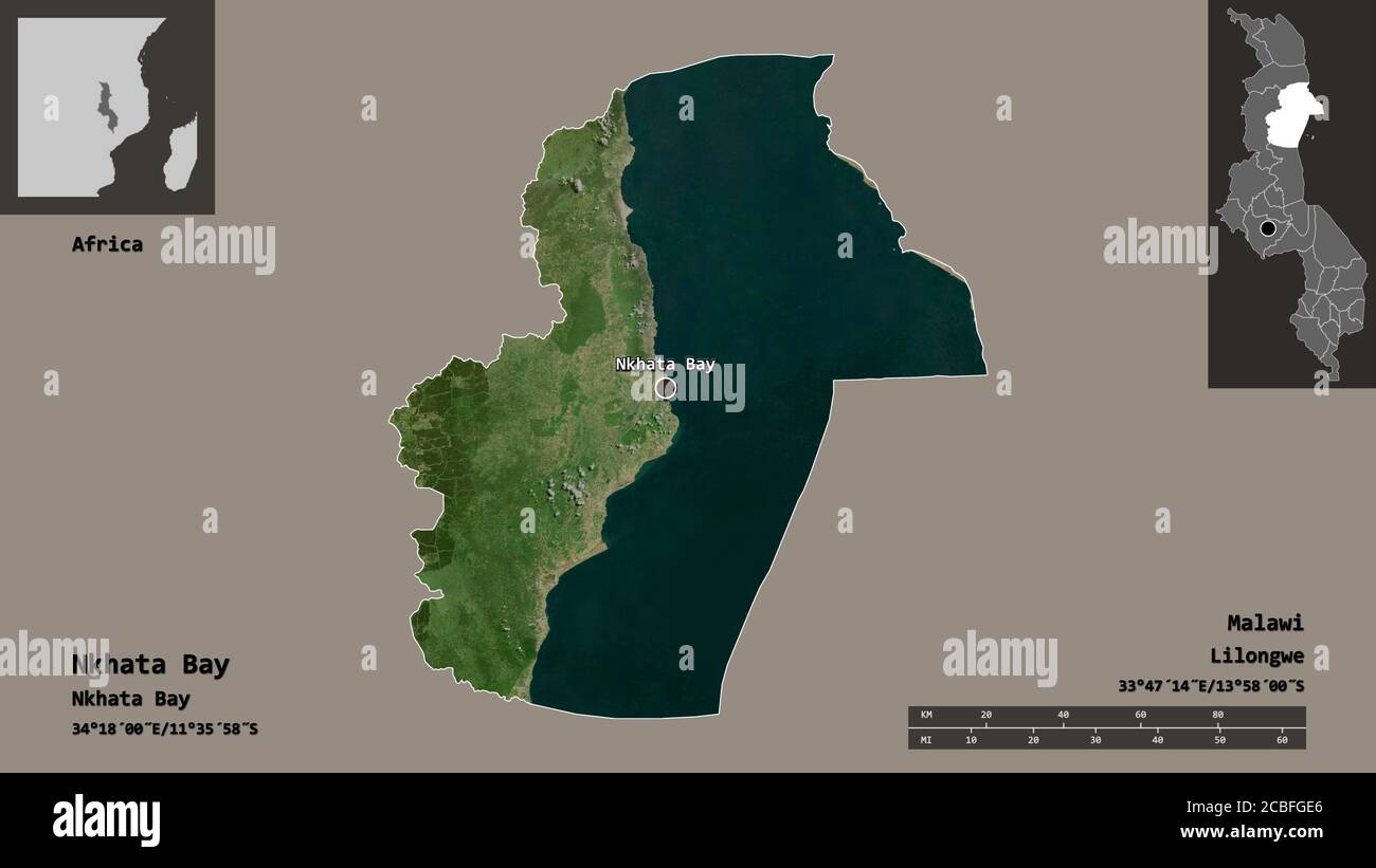 Shape of Nkhata Bay, district of Malawi, and its capital. Distance