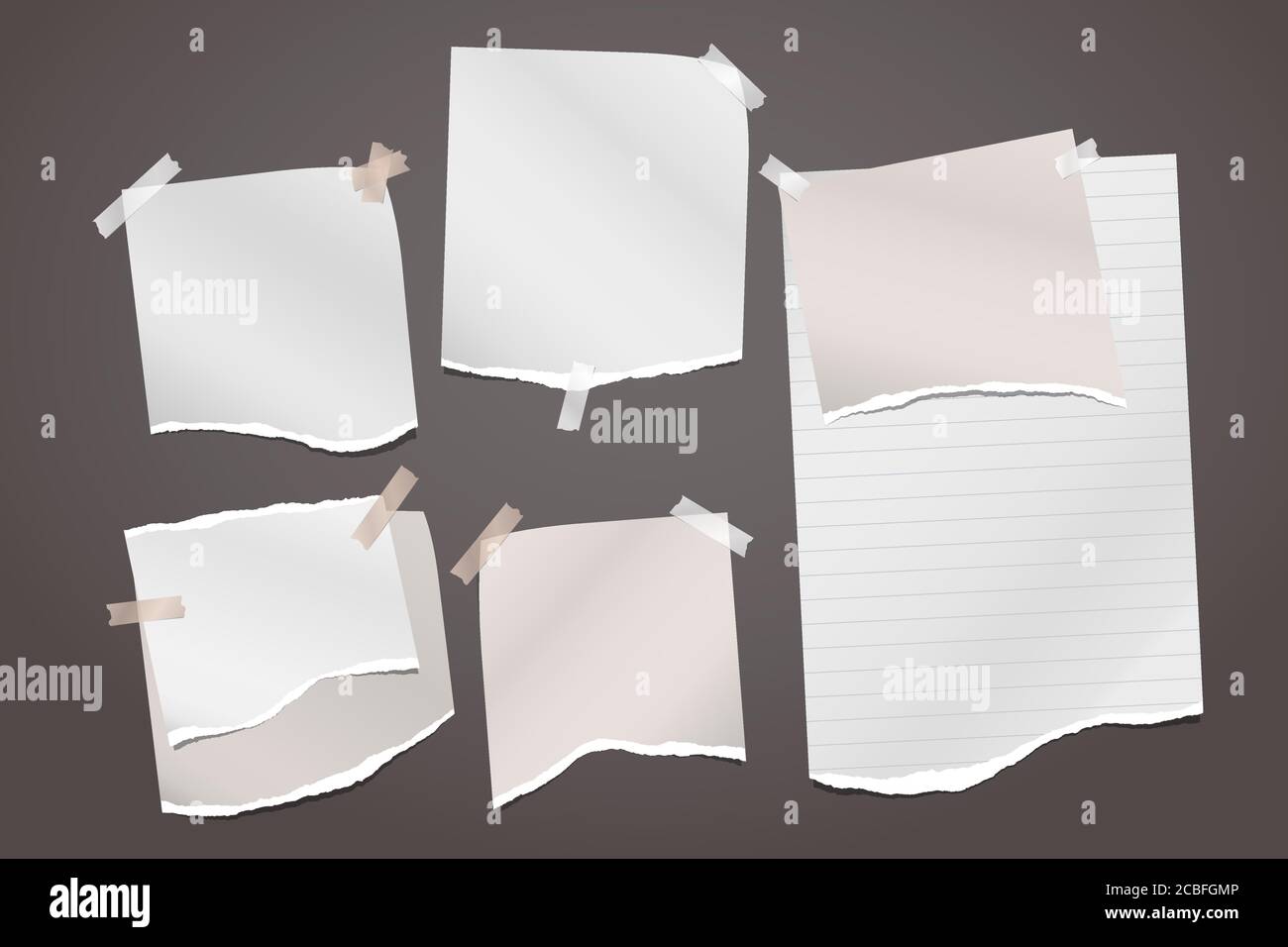 Torn of white and brown note, notebook paper strips and pieces stuck with sticky tape on dark grey background. Vector illustration Stock Vector