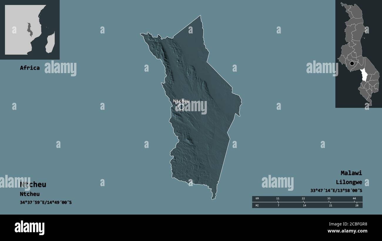 Shape of Ntcheu, district of Malawi, and its capital. Distance scale
