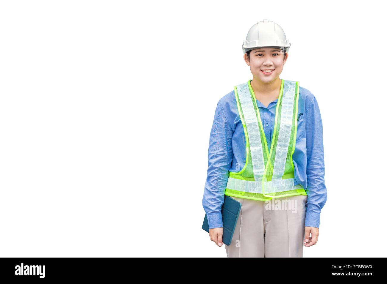 Asian woman worker industry staff foreman engineer waring safety vest reflective strip helmet hardhat smiling isolated on white background Stock Photo