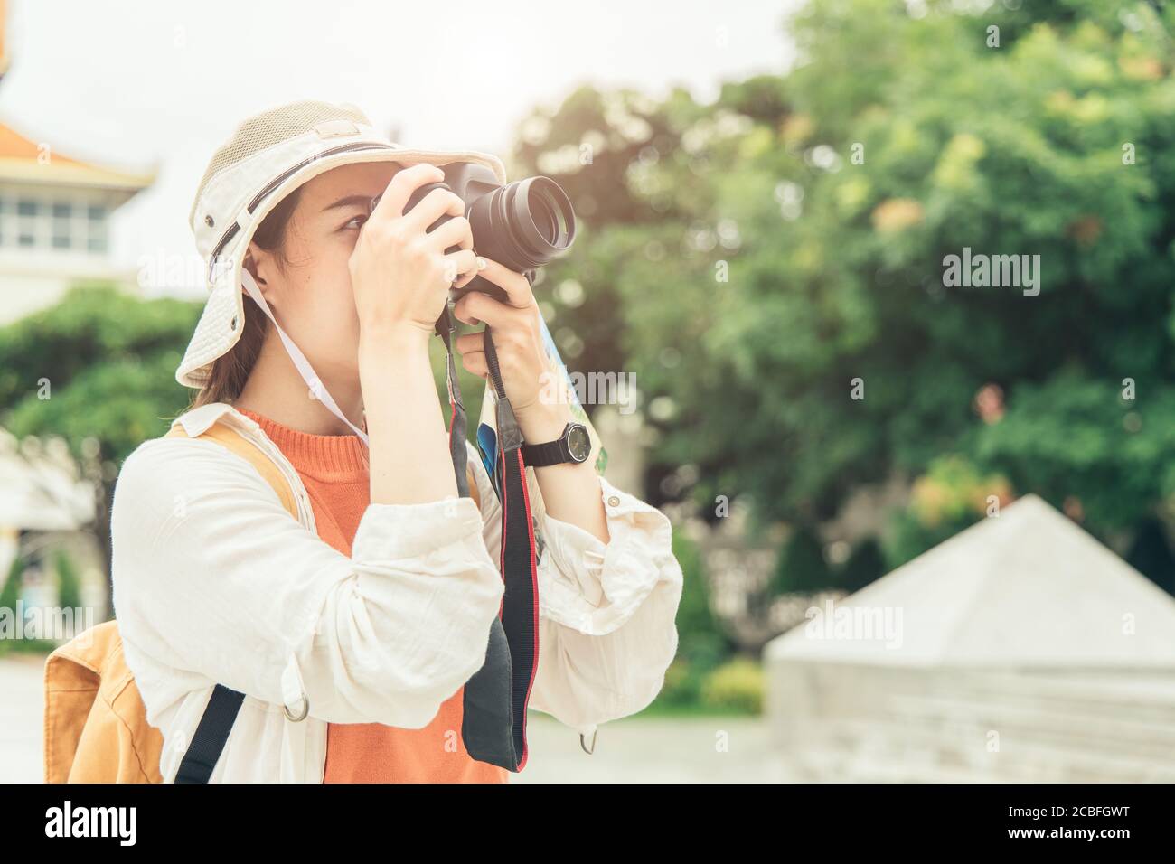 Tourist travel and take a photo outdoor with space for text Stock Photo