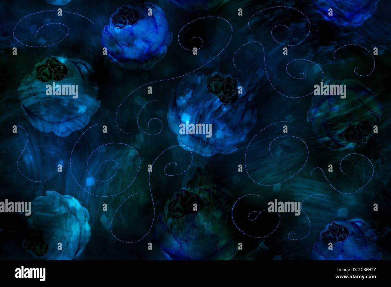 Seamless darl blue abstract pattern with peonies. Digital art. Stock Photo