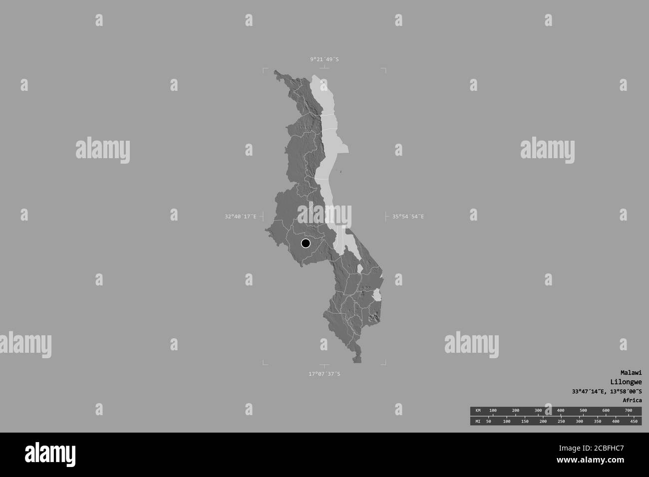 Area of Malawi isolated on a solid background in a georeferenced