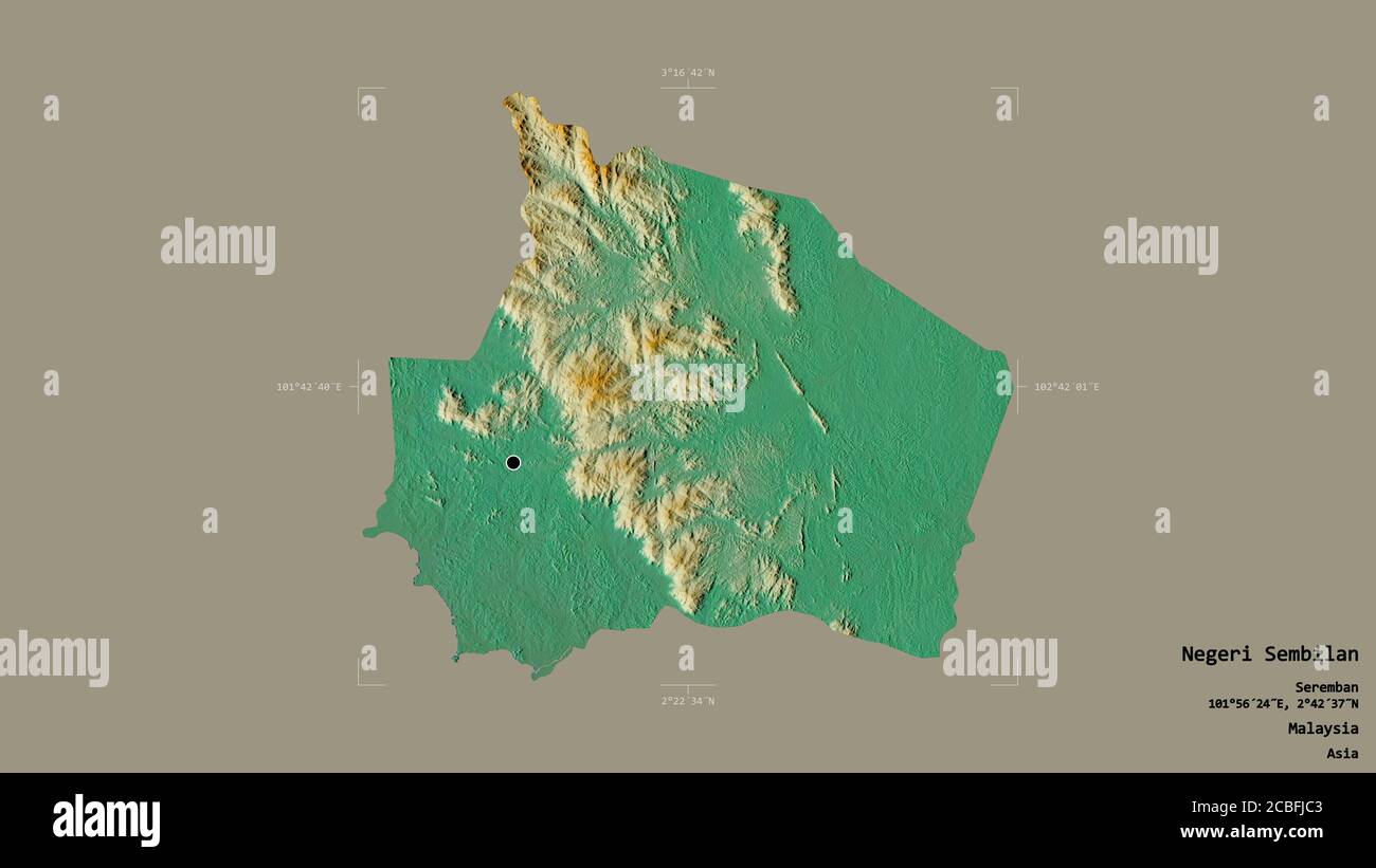 Area Of Negeri Sembilan State Of Malaysia Isolated On A Solid Background In A Georeferenced Bounding Box Labels Topographic Relief Map 3d Renderi Stock Photo Alamy