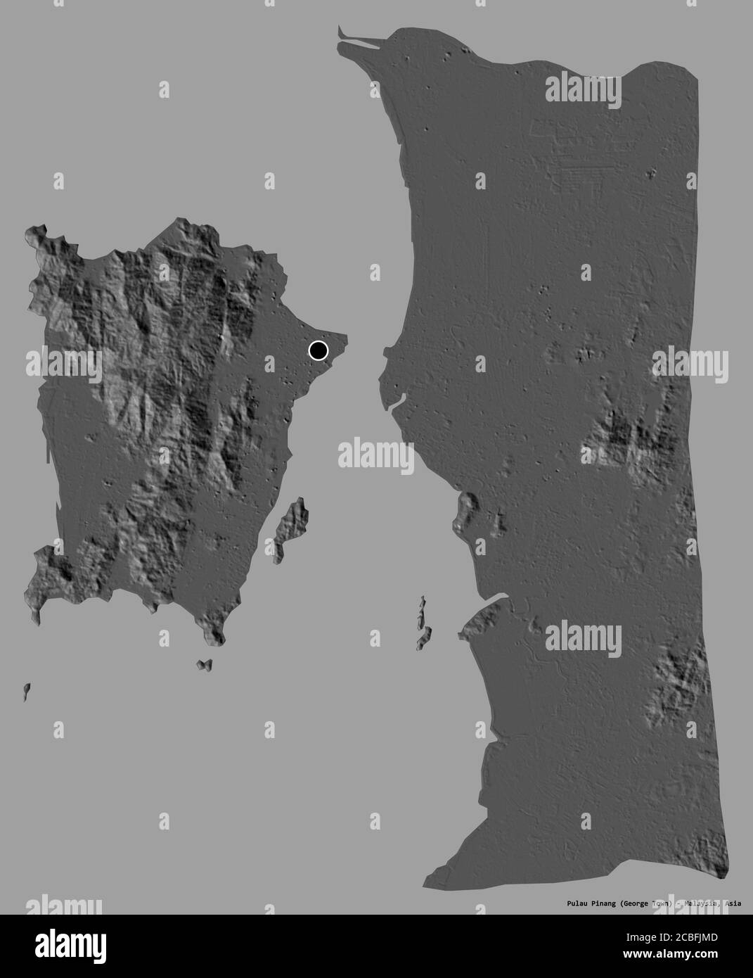 Shape of Pulau Pinang, state of Malaysia, with its capital isolated on a solid color background. Bilevel elevation map. 3D rendering Stock Photo