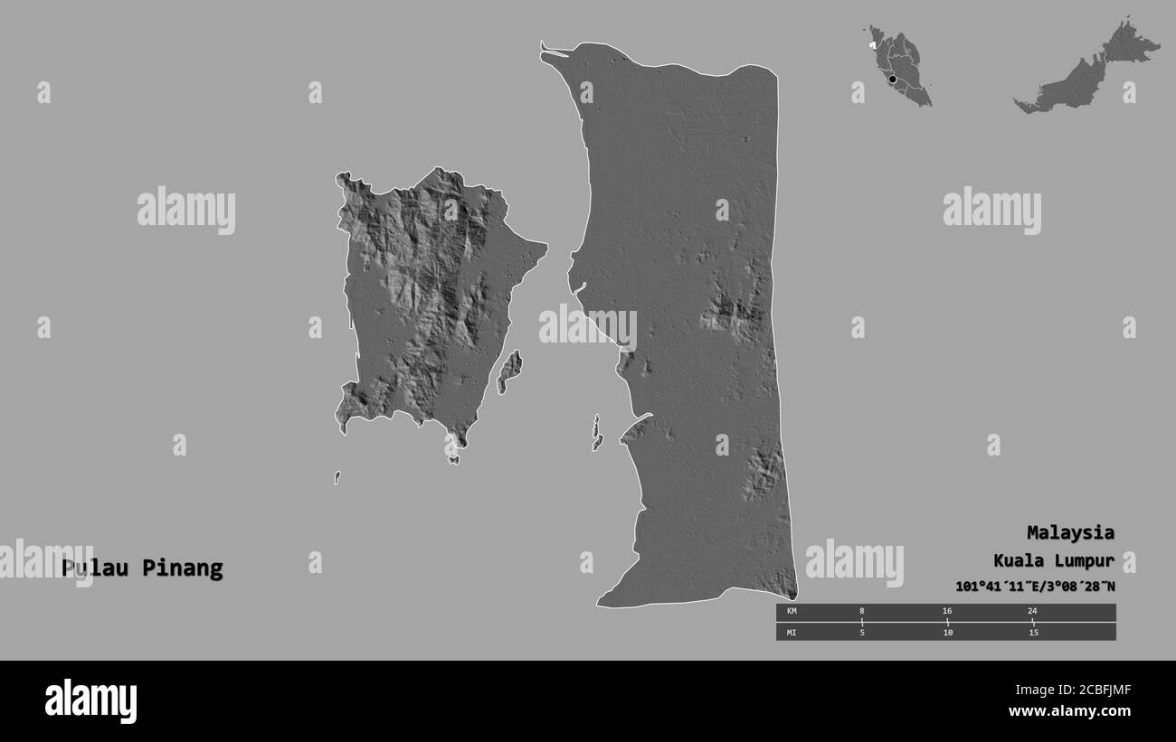 Shape of Pulau Pinang, state of Malaysia, with its capital isolated on solid background. Distance scale, region preview and labels. Bilevel elevation Stock Photo