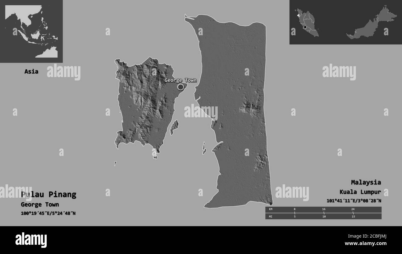 Shape of Pulau Pinang, state of Malaysia, and its capital. Distance scale, previews and labels. Bilevel elevation map. 3D rendering Stock Photo