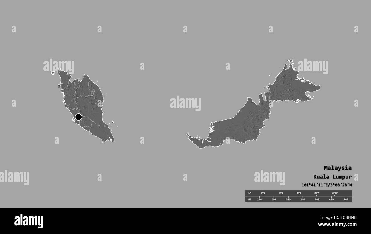 Desaturated shape of Malaysia with its capital, main regional division and the separated Pulau Pinang area. Labels. Bilevel elevation map. 3D renderin Stock Photo