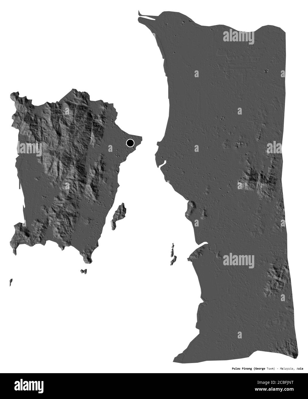 Shape of Pulau Pinang, state of Malaysia, with its capital isolated on white background. Bilevel elevation map. 3D rendering Stock Photo