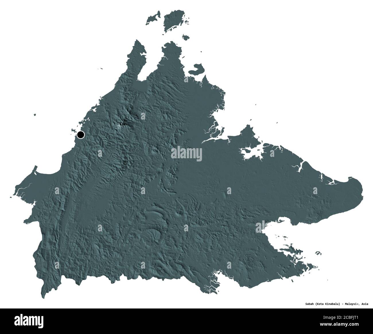 Shape of Sabah, state of Malaysia, with its capital isolated on white background. Colored elevation map. 3D rendering Stock Photo