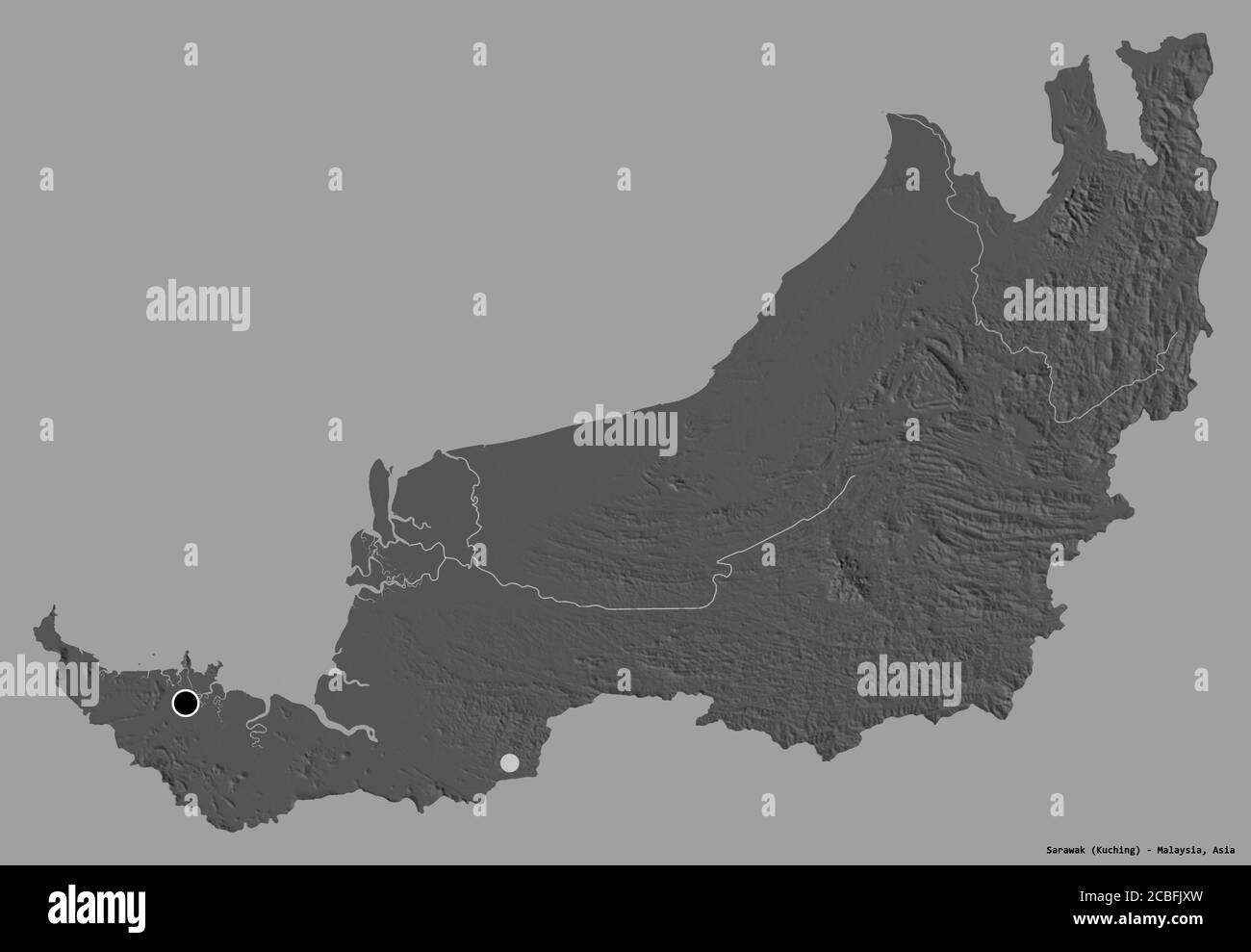 Sarawak Map By Division Shape Of Sarawak, State Of Malaysia, With Its Capital Isolated On A Solid  Color Background. Bilevel Elevation Map. 3D Rendering Stock Photo - Alamy