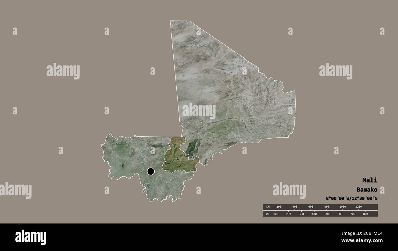 Desaturated shape of Mali with its capital, main regional division and the separated Ségou area. Labels. Satellite imagery. 3D rendering Stock Photo