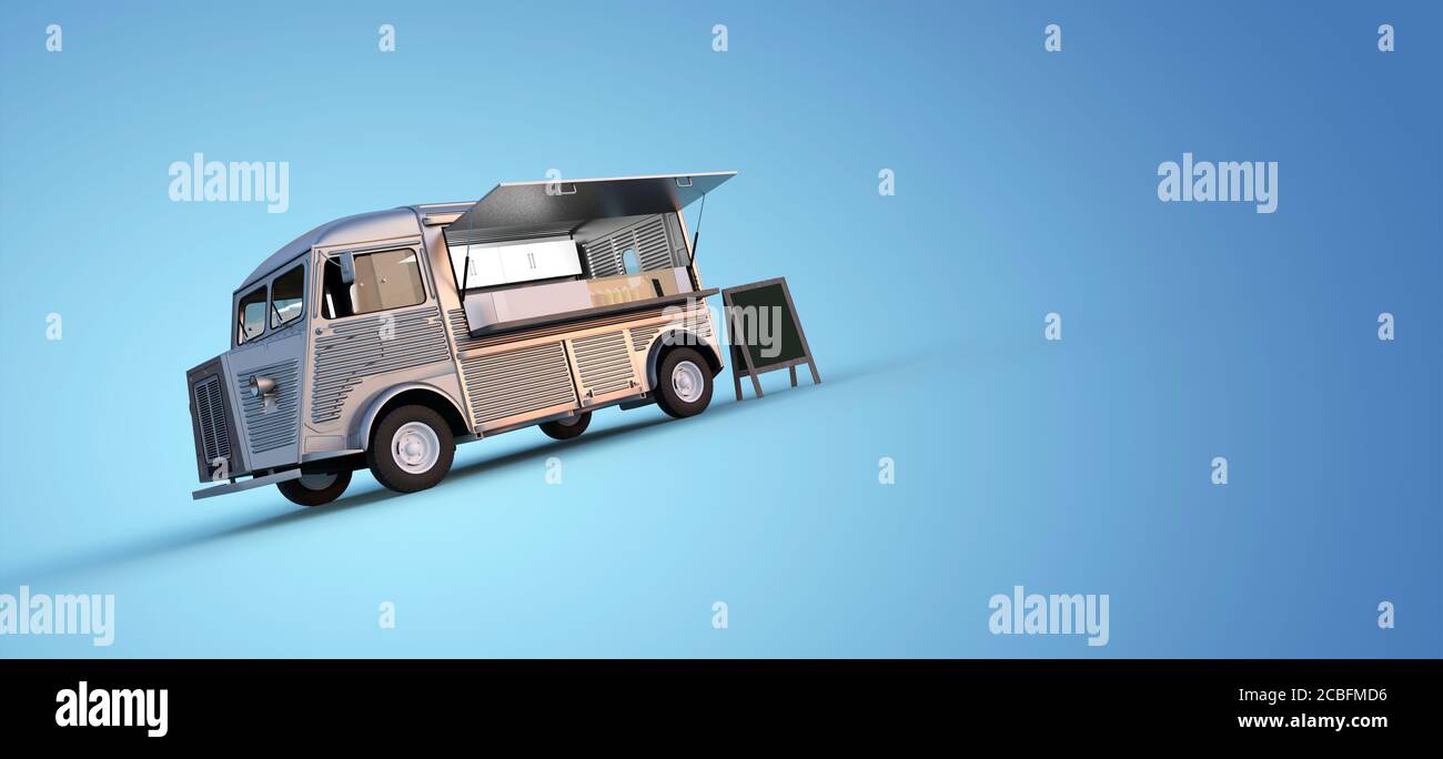 grey vintage food truck on blue background 3D rendering Stock Photo