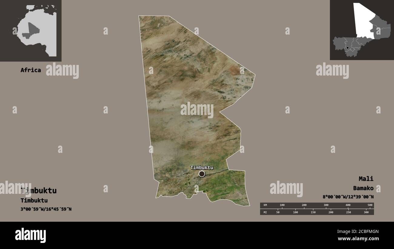 Mali State Shape of Timbuktu, region of Mali, and its capital. Distance scale ...