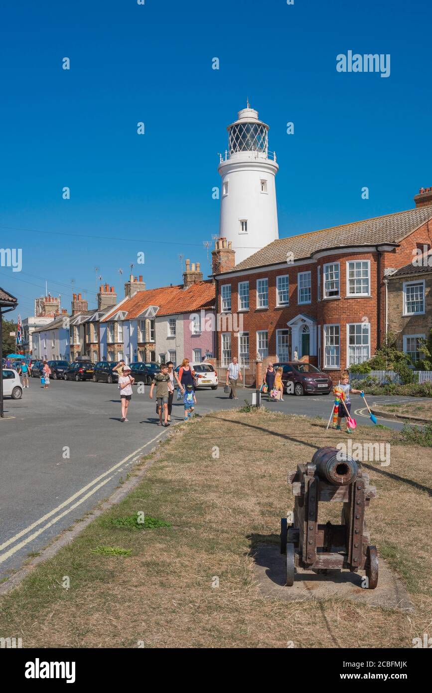 Suffolk coast, view in summer of people walking through St James Green in Southwold on their way to the beach, Suffolk, East Anglia, England, UK Stock Photo