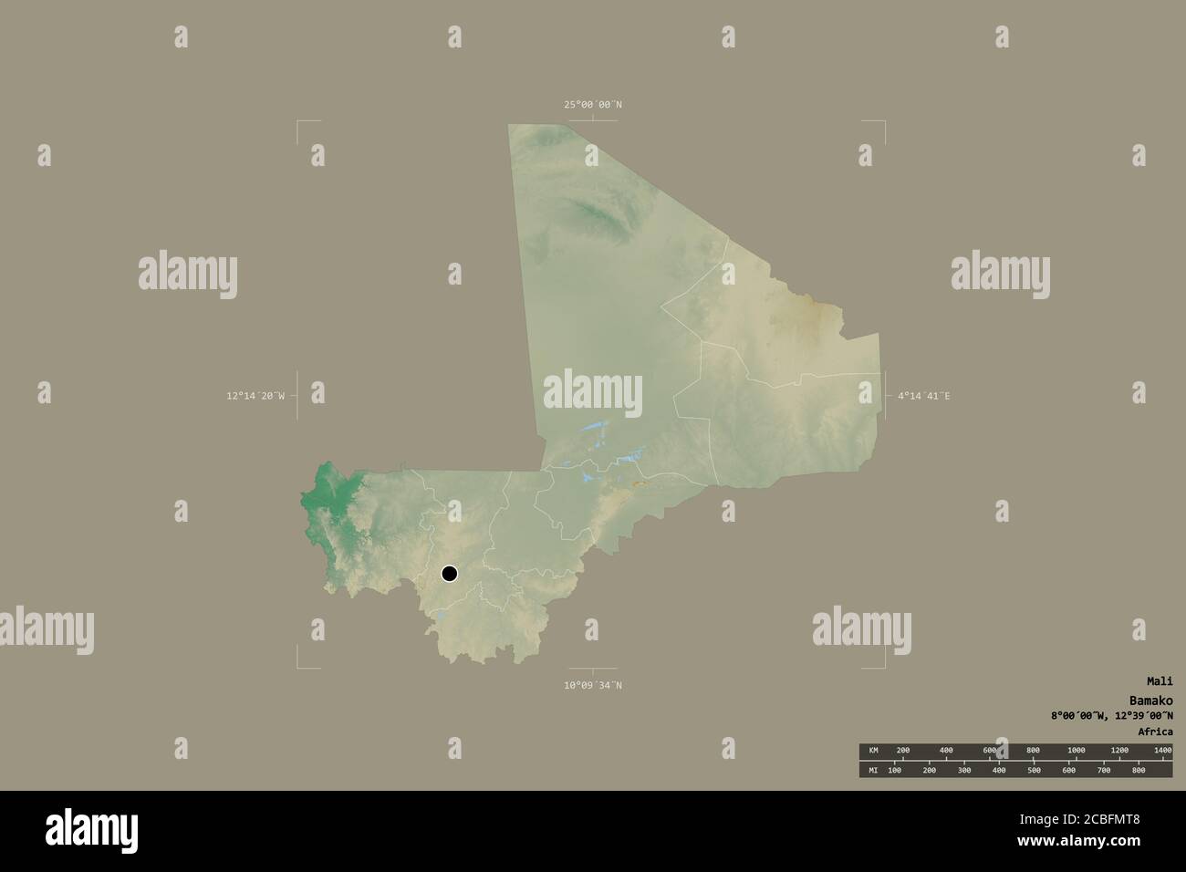 Area of Mali isolated on a solid background in a georeferenced bounding box. Main regional division, distance scale, labels. Topographic relief map. 3 Stock Photo