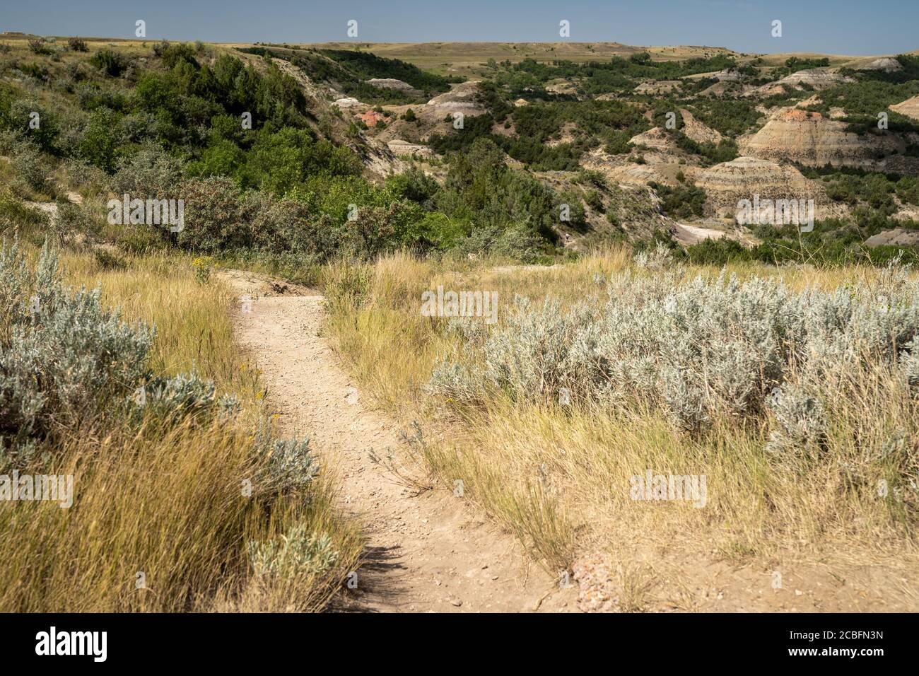 Trailhead into the Painted Canyon Nature Trail in the badlands at Theodore Roosevelt National Park in North Dakota Stock Photo