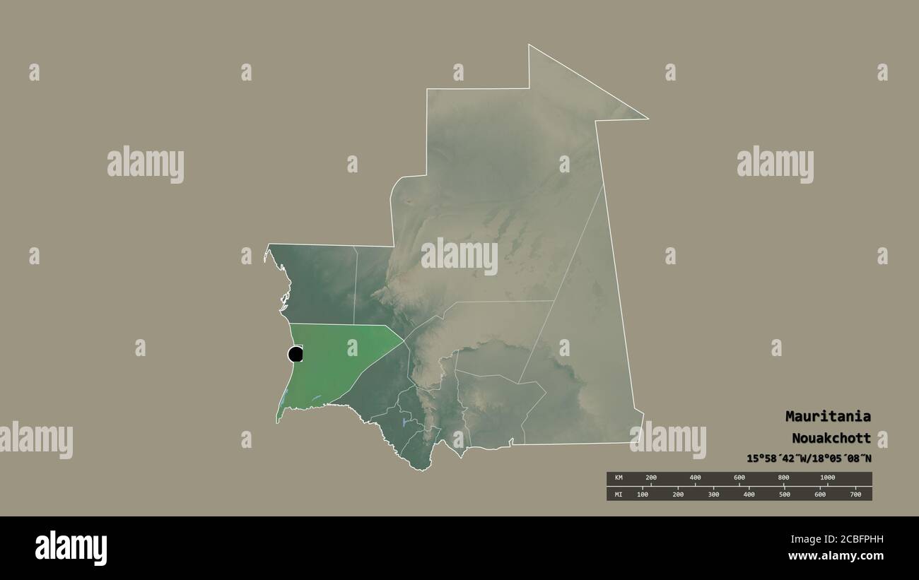 Trarza Desaturated shape of Mauritania with its capital, main regional ...
