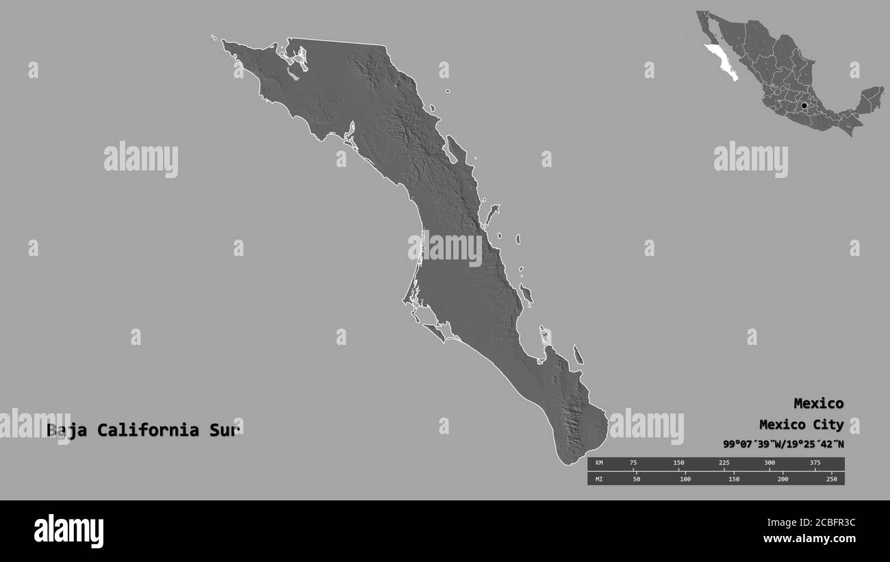 Shape of Baja California Sur, state of Mexico, with its capital
