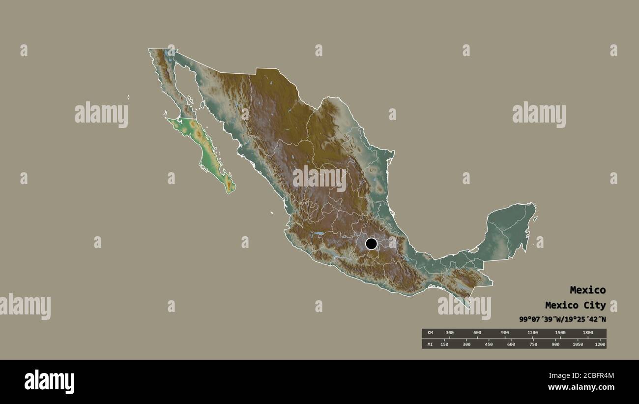 Desaturated shape of Mexico with its capital, main regional division