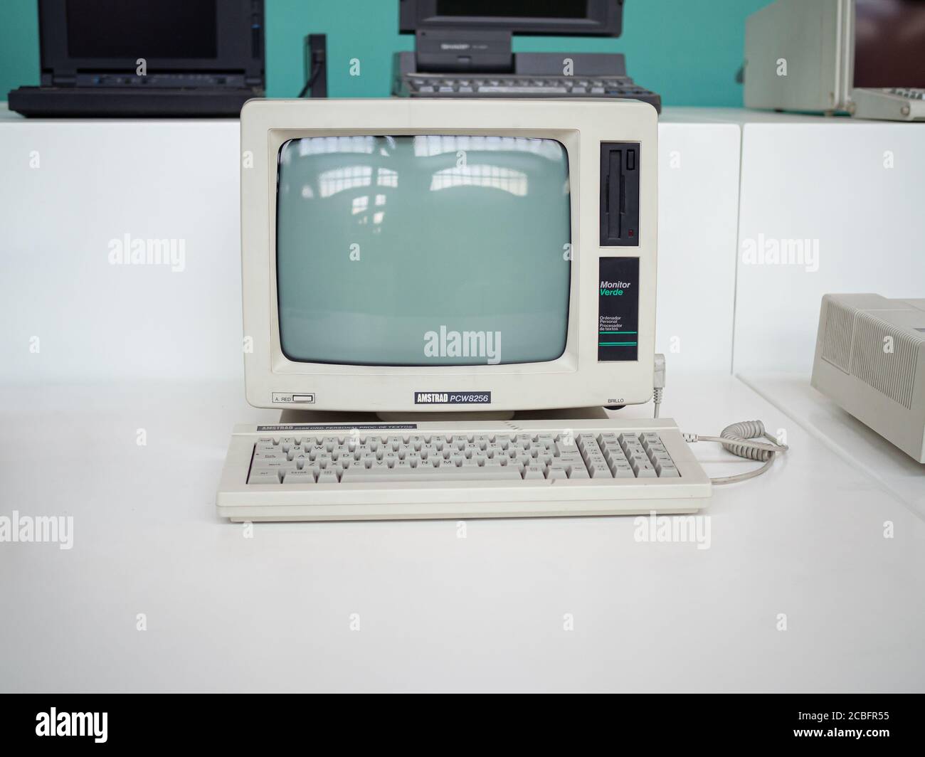 TERRASSA, SPAIN-AUGUST 9, 2020: 1985 Amstrad PCW 8256 'Joyce' Personal Computer in the National Museum of Science and Technology of Catalonia Stock Photo