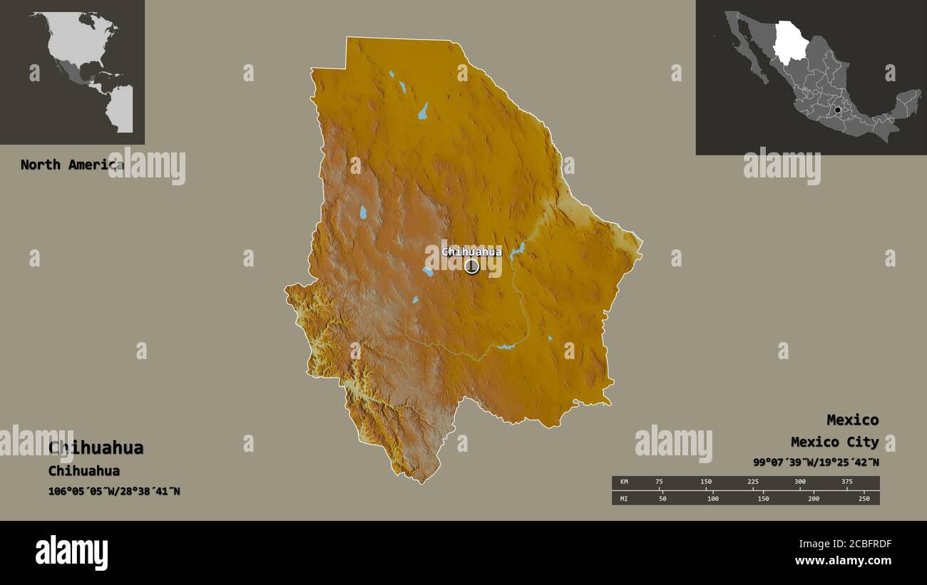 Shape of Chihuahua, state of Mexico, and its capital. Distance scale