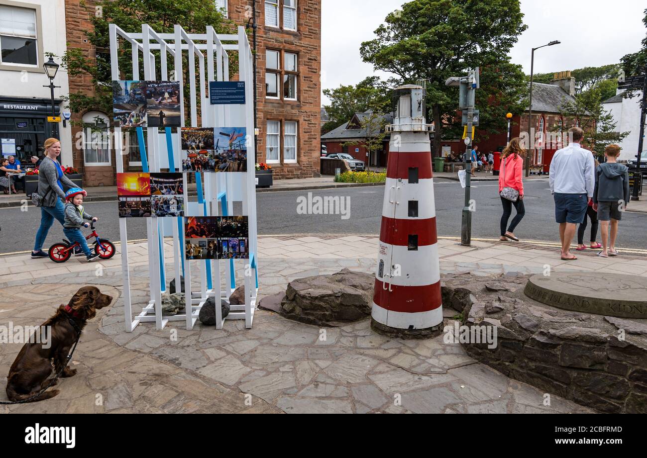 North Berwick, East Lothian, Scotland, United Kingdom, 13th August 2020. Covid-19 effects: A display of photographs of previous Fringe-by-the-Sea reminds visitors of the cancellation of this year's festival which would have been on at the moment Stock Photo