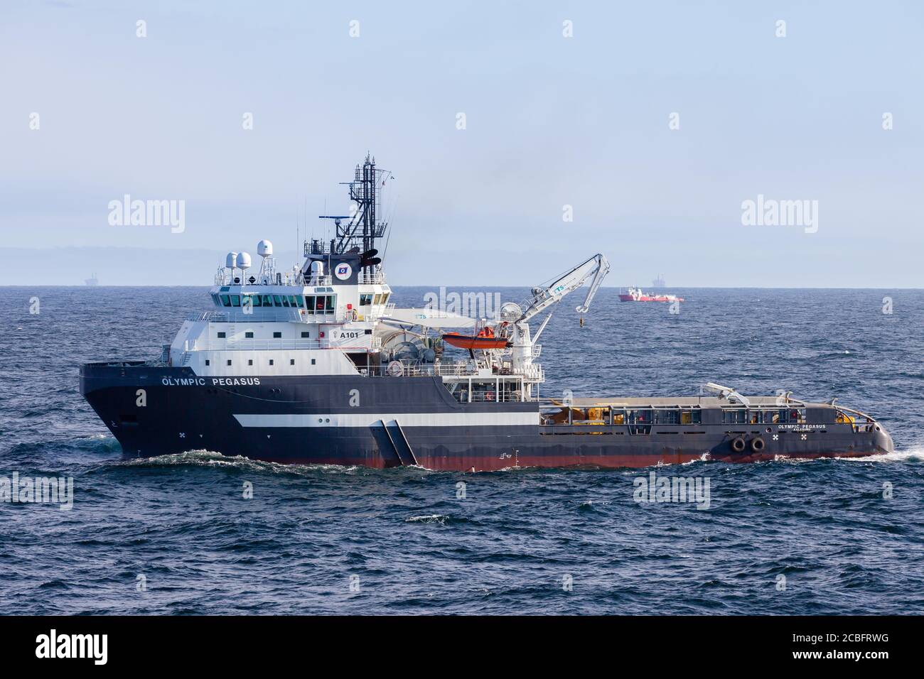 NORTH SEA UK SECTOR - 2015 MAY 11. Norwegian anchor handler vessel Olympic Pegasus at work offshore Stock Photo