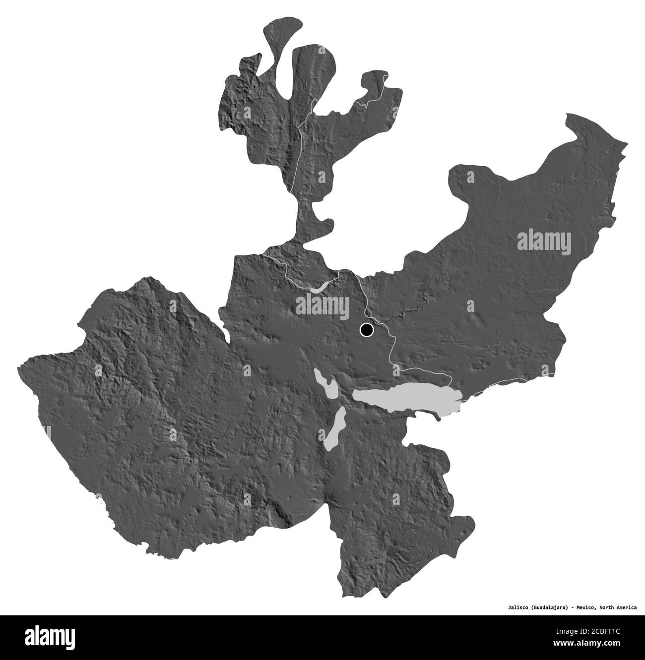 Shape of Jalisco, state of Mexico, with its capital isolated on white background. Bilevel elevation map. 3D rendering Stock Photo