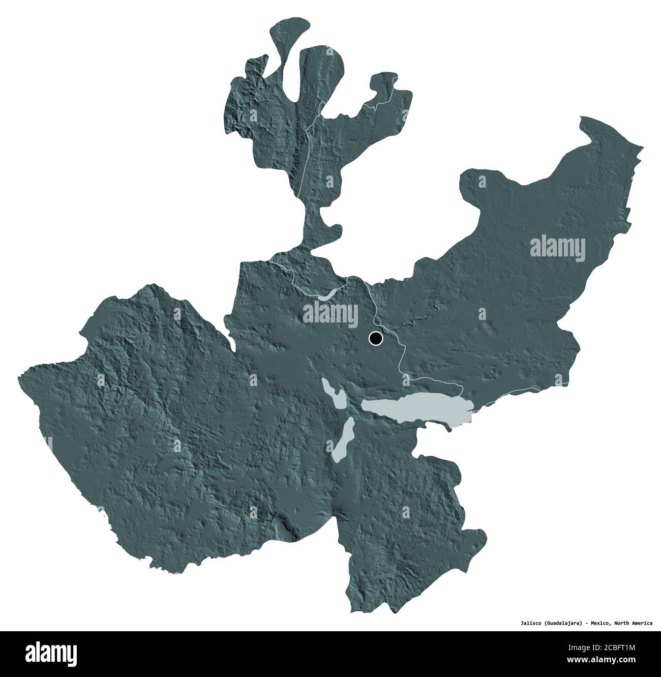 Shape of Jalisco, state of Mexico, with its capital isolated on white background. Colored elevation map. 3D rendering Stock Photo