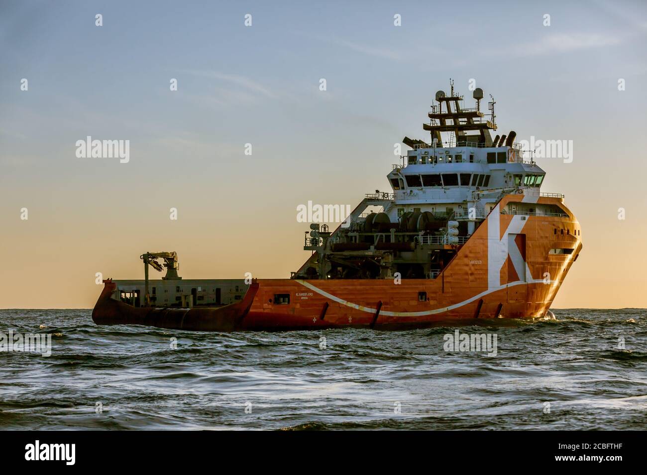 NORTH SEA, NORWAY - 2015 MAY 09. Anchor Handling Tug Ship AHTS KL Sandefjord at sea ready for rig move operation Stock Photo