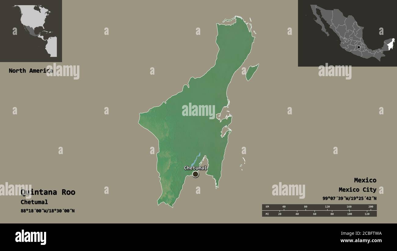 Shape of Quintana Roo, state of Mexico, and its capital. Distance scale ...