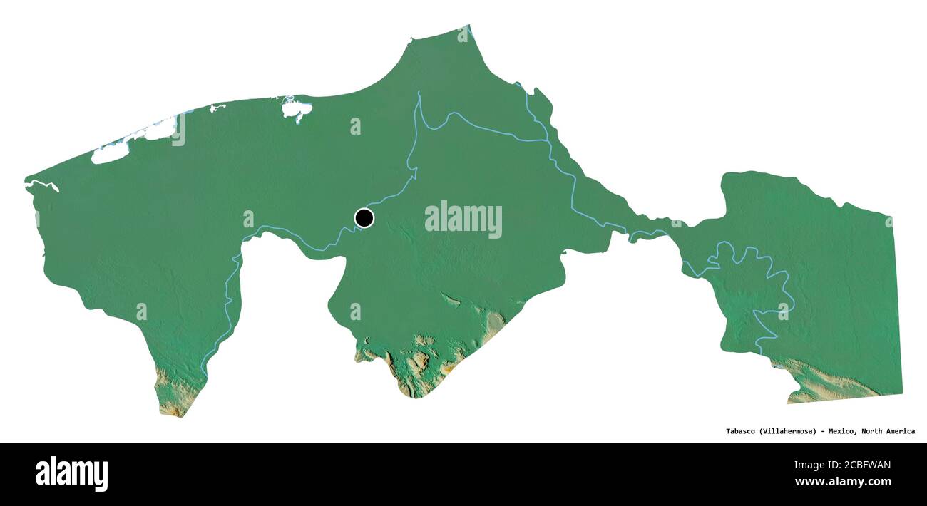 Shape of Tabasco, state of Mexico, with its capital isolated on white background. Topographic