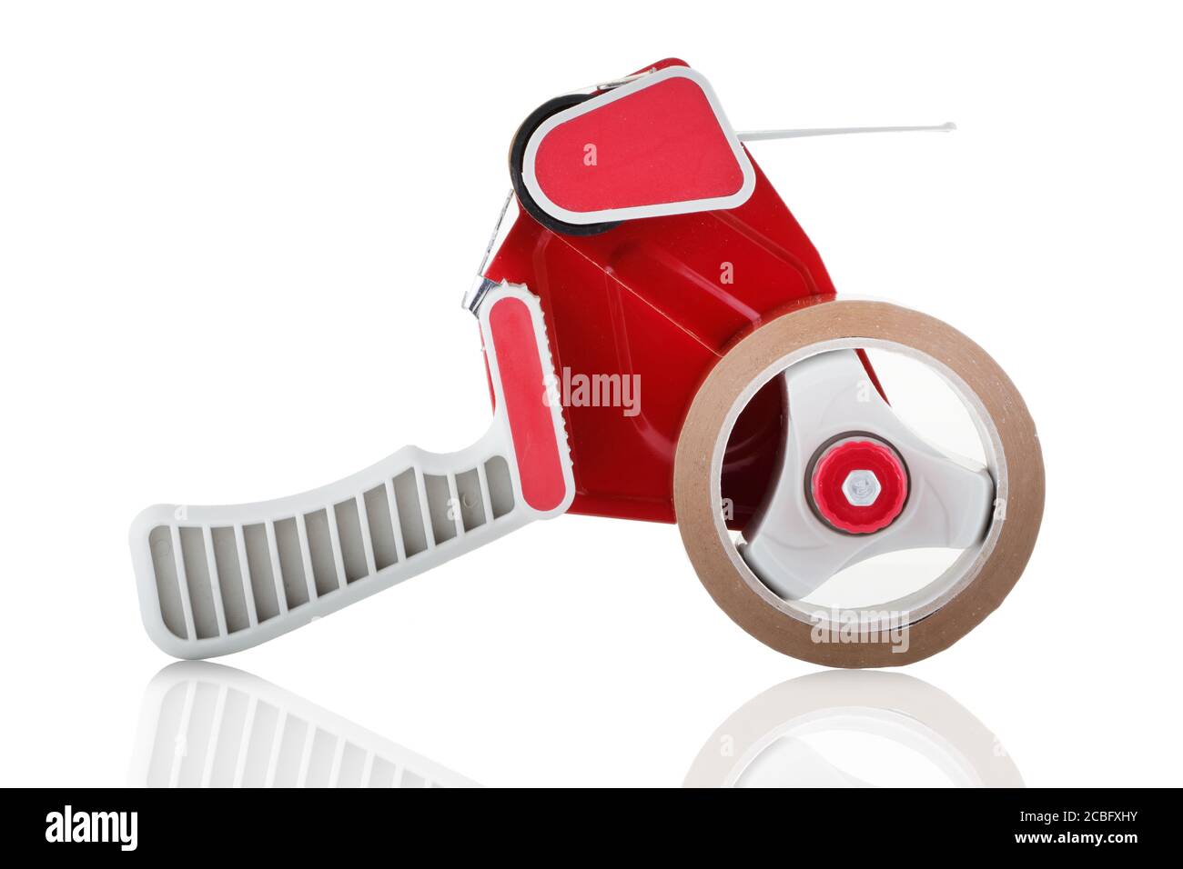 Side view of a red parcel tape dispenser on white background Stock