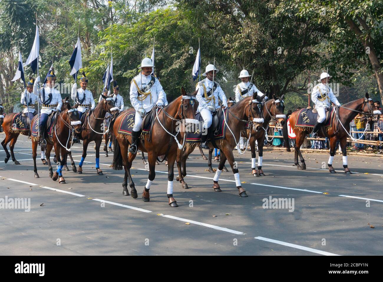 Kolkata, West Bengal, India - 26th January 2020 : March past of Kolkata Mounted Police (KMP) Officers on their horses, for Indian Republic day. Stock Photo