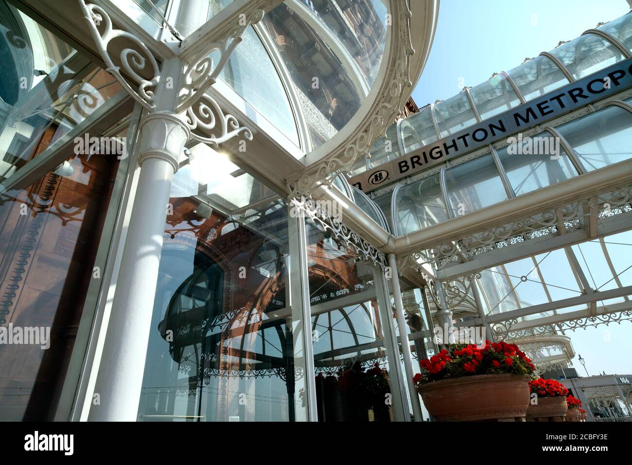 Ornate ironwork around the main entrance to the Metropole Hotel, Kings Road, Brighton. Stock Photo