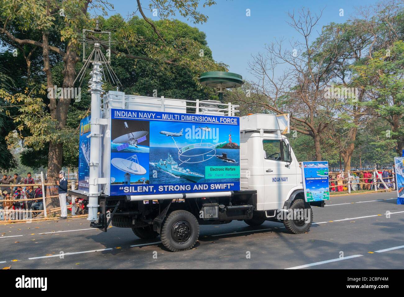 Kolkata, West Bengal, India - 26th January 2020 : Indian Navy displaying details of modern electronic warfare, in Republic day parade at Red road, Stock Photo