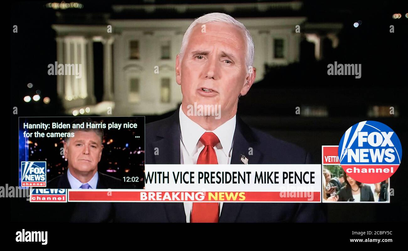 August 12, 2020 - Washington, District of Columbia, U.S. -  A screen grab of Vice President MIKE PENCE appearaning on the Fox News Channel show, 'Hannity''  The newly minted Democratic ticket of Vice President JOE BIDEN and Senator KAMALA HARRIS (D-CA) appeared together earlier in the day in their first campaign event.  Of his one and only Vice Presidential debate on October 7 against Ms. Harris, Pence declared, he ''can't wait'' and that American voters will reward him and President Trump another four years because Trump ''has seen us through the worst pandemic in years.(Credit Image: © Brian Stock Photo