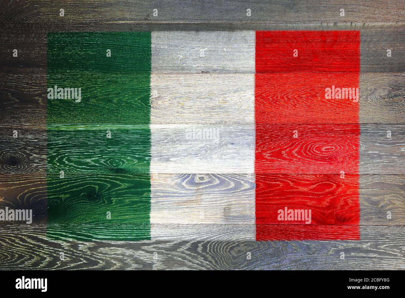 Italy flag on rustic old wood surface background Stock Photo