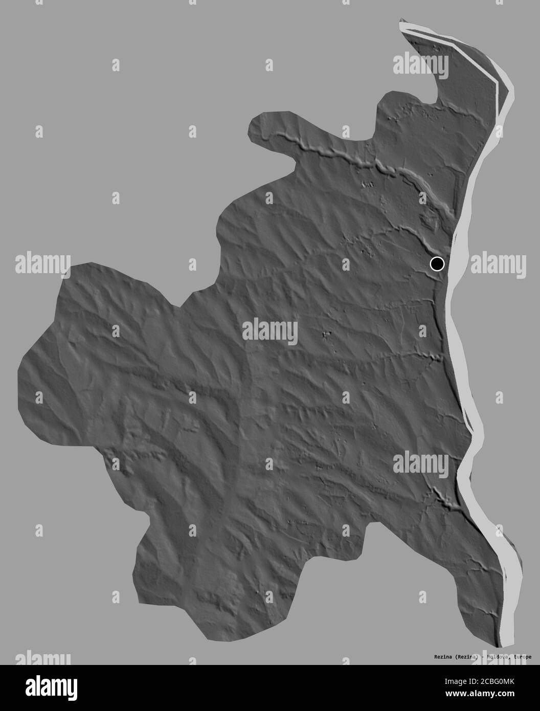 Shape of Rezina, district of Moldova, with its capital isolated on a solid color background. Bilevel elevation map. 3D rendering Stock Photo