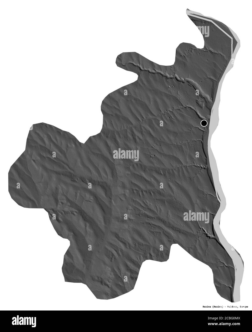 Shape of Rezina, district of Moldova, with its capital isolated on white background. Bilevel elevation map. 3D rendering Stock Photo