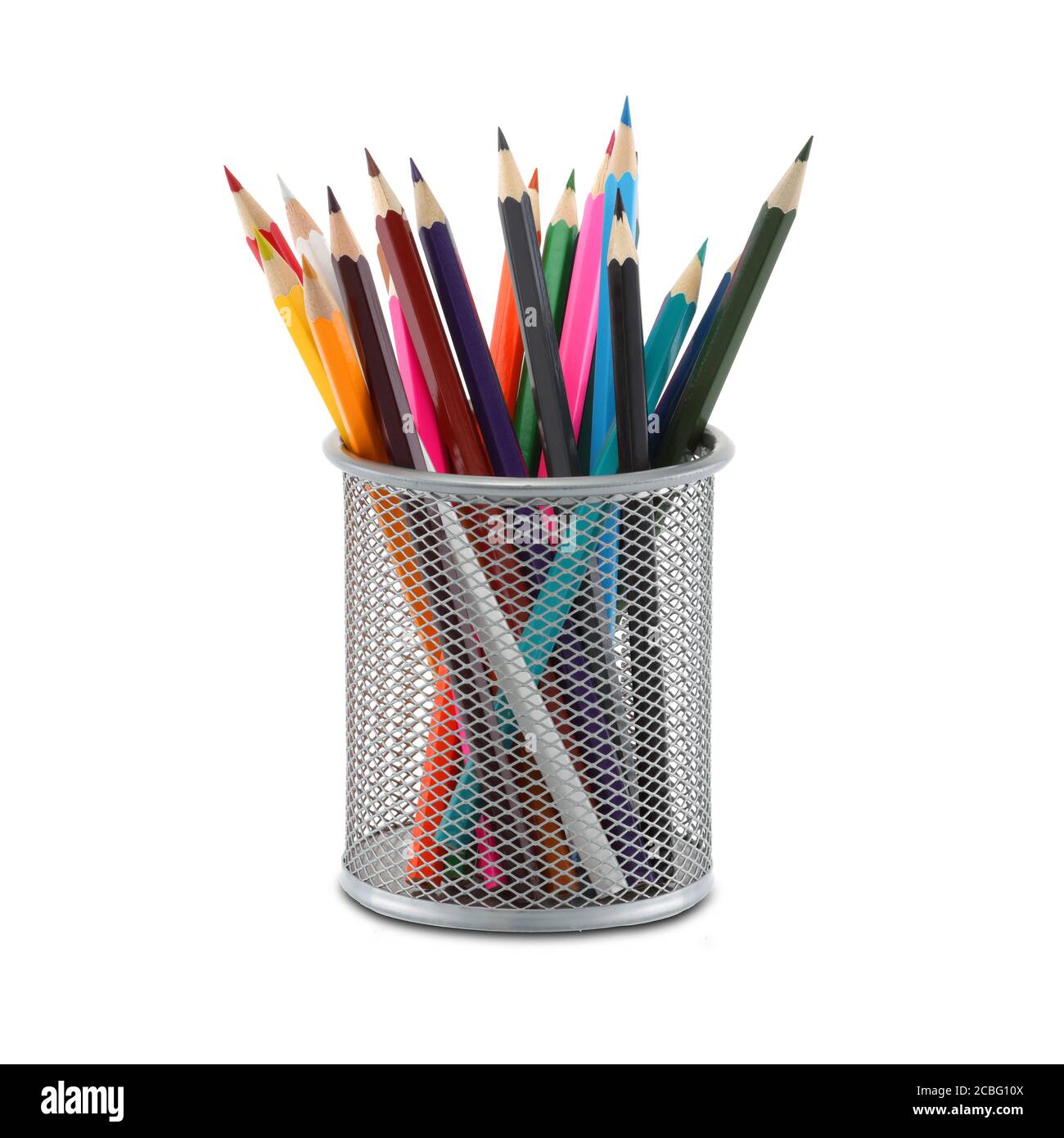 Desk tidy with colored pencils on white Stock Photo
