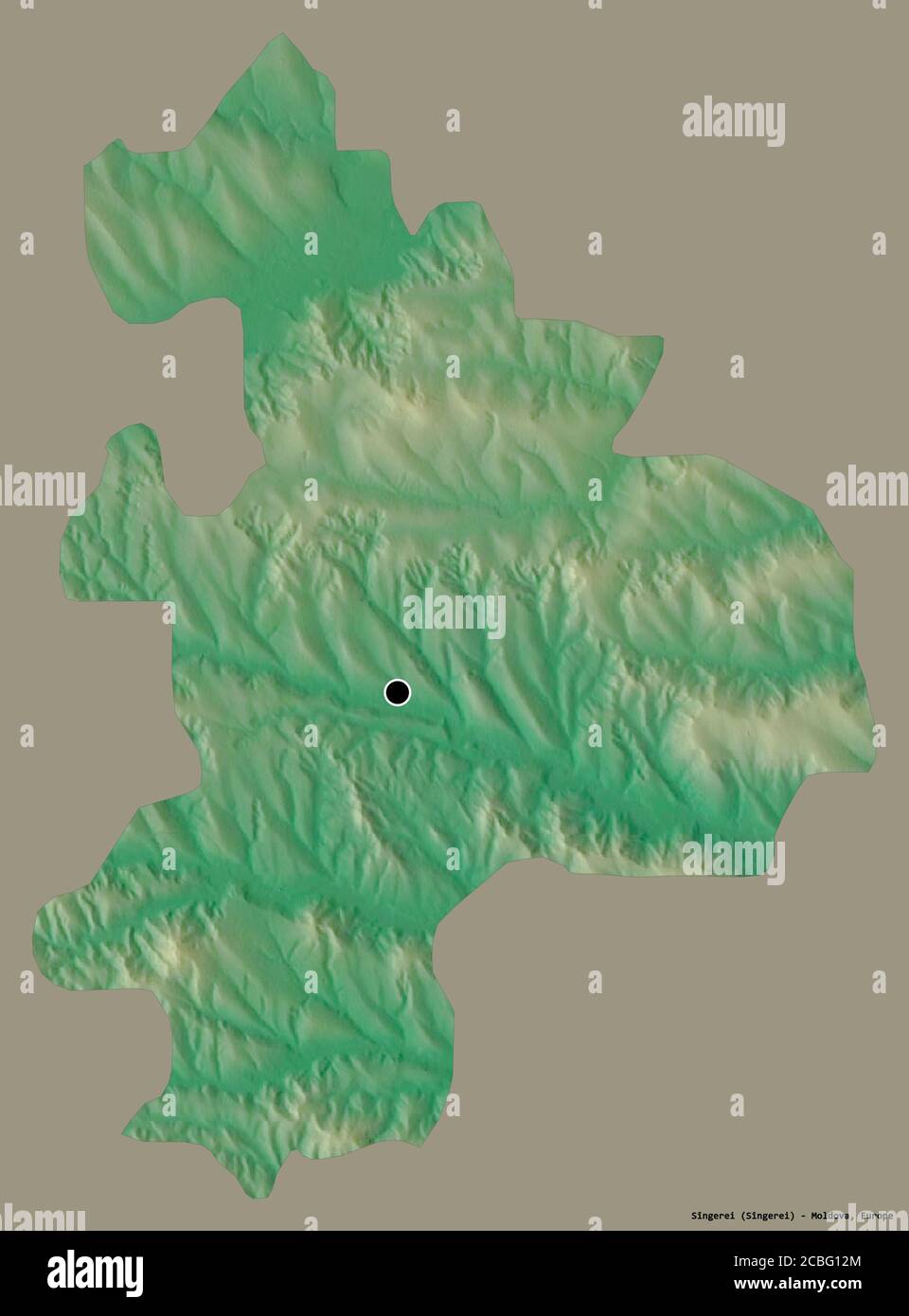 Shape of Sîngerei, district of Moldova, with its capital isolated on a