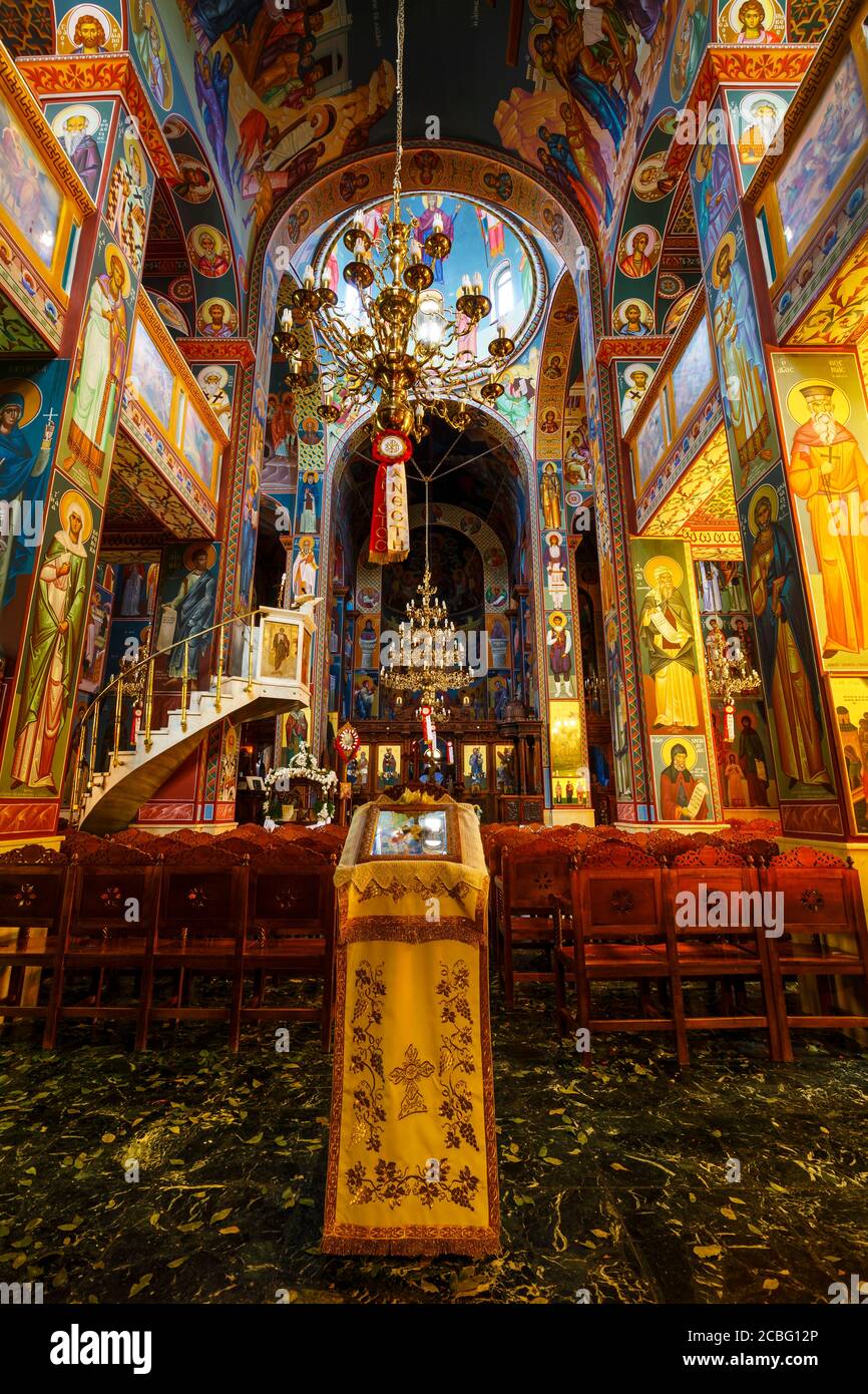 Interior of a Greek orthodox church in the town of Agios Nikolaos in C ...