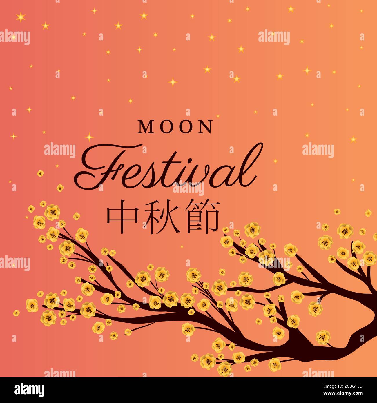 Mid autumn harvest moon festival with flowers tree design, Oriental