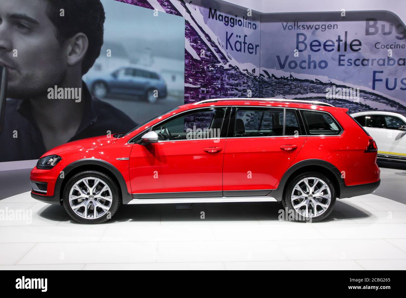 Volkswagen exhibit Volkswagen Golf Sport wagen alltrack at the 2015 New York International Auto Show. Stock Photo